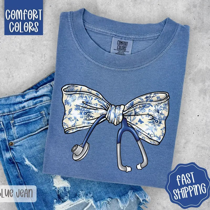 Coquette Nurse Bow Shirt Comfort Colors, RN Shirt, Gift for Nurse Hoodie, Sweatshirt | PureTeeCo.com