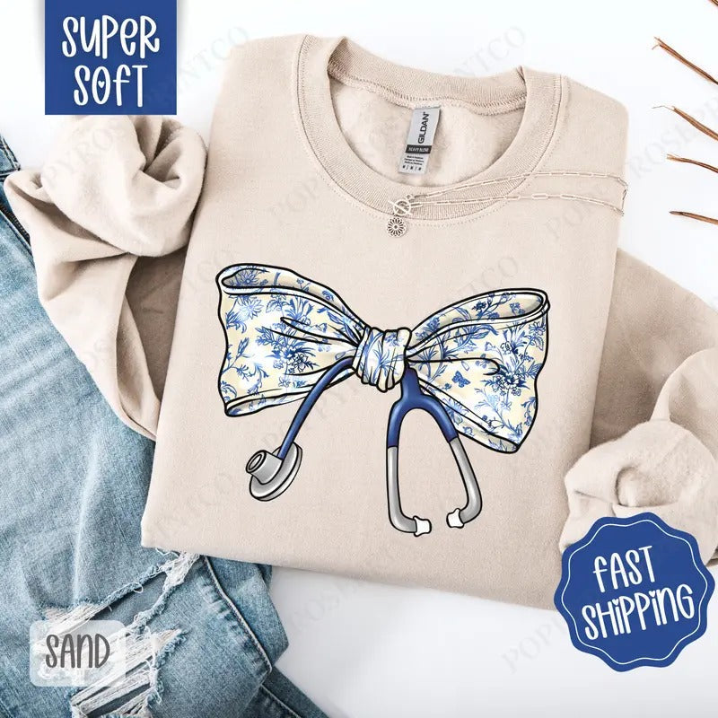 Coquette Nurse Bow Sweatshirt, RN Crewneck, Gift for Nurse T-Shirts, Hoodie | PureTeeCo.com