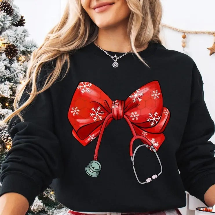 Coquette Nurse Stethoscope Sweatshirt, Coquette Bow Nurse Christmas Shirt, Holiday Medical, Nurse Shirt, Xmas Gift For...