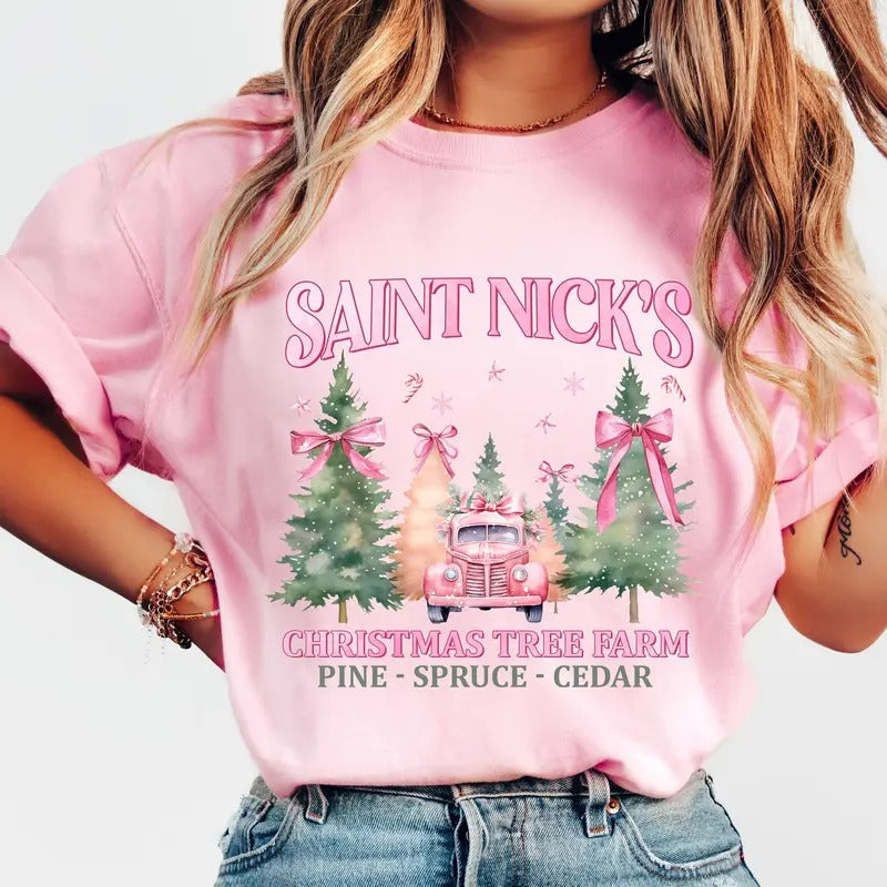 Coquette Pink Christmas Shirt, Saint Nicks Christmas Tree Farm Sweatshirt, Pink Bow Christmas Shirt, Trendy Santa...