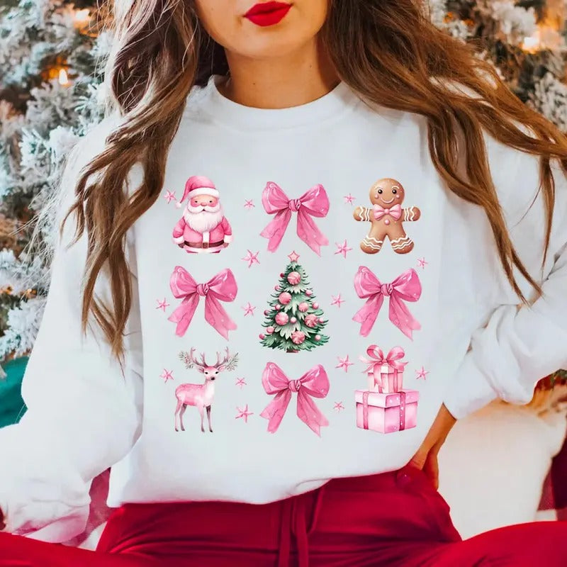Coquette Pink Christmas Sweatshirt, Coquette Bow Santa Christmas Tee Shirt, Coquette Pink Xmas Bow Sweater, Christmas...