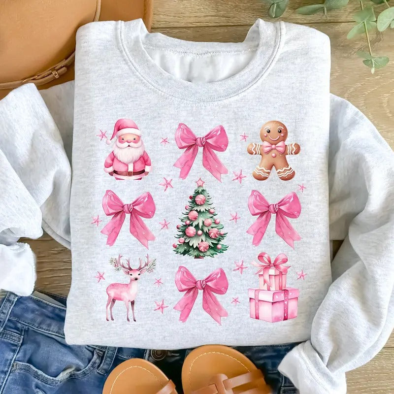 Coquette Pink Christmas Sweatshirt, Pink Bow Christmas Sweater, Trendy Santa Shirt, Xmas Christmas Sweatshirt, Vintage...