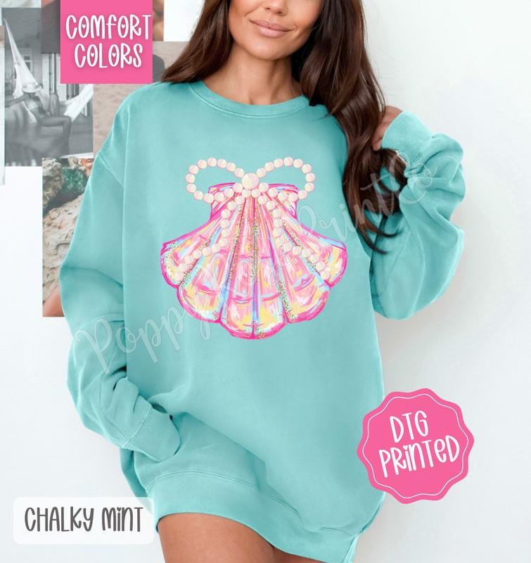 Coquette Sea Shell Comfort Colors Sweatshirt, Cute Summer Sweater, Girly Beach Crewneck T-Shirts, Hoodie | PureTeeCo.com