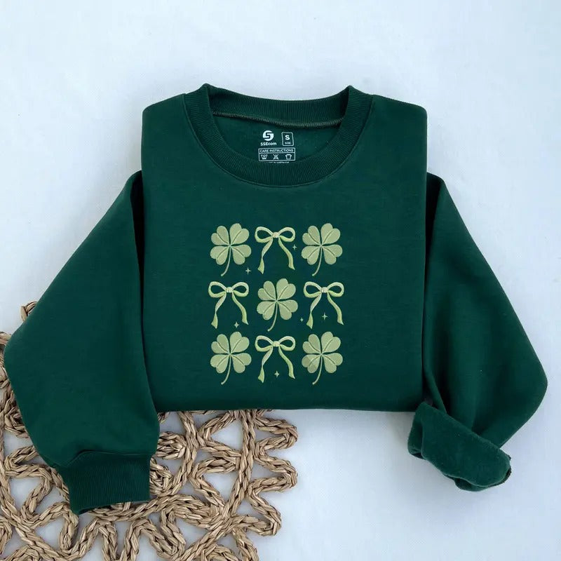 Coquette Shamrock Embroidered Sweatshirt, St Patrick's Day Sweater, Green Gift for Her, Lucky Clover Sweatshirt T-Shirts,...