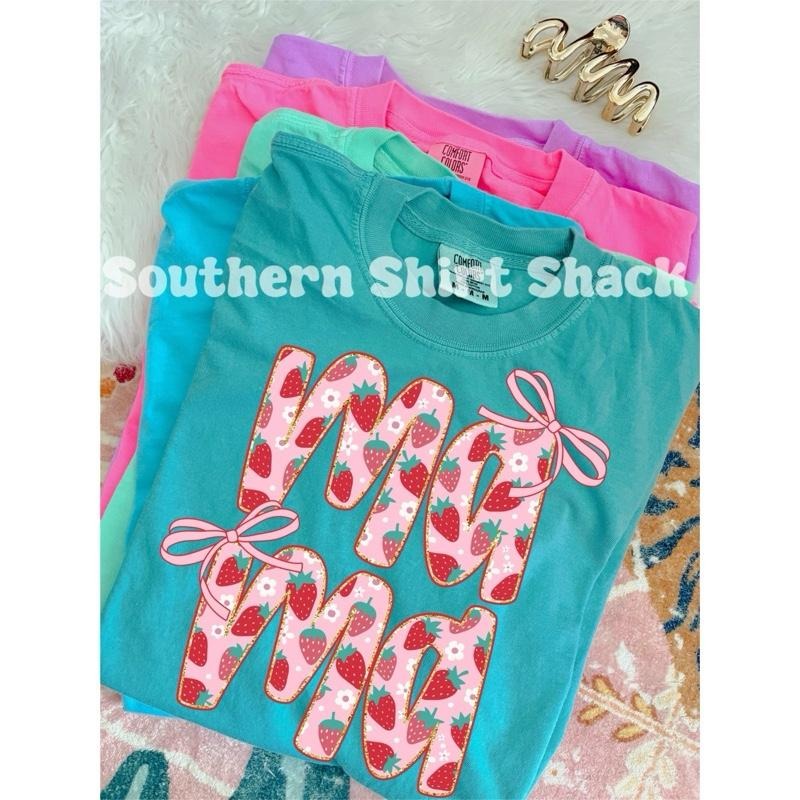 Coquette Strawberry Mama Bows T shirt  | Seafoam comfort colors t shirt | Cute Mama T shirt Hoodie, Sweatshirt