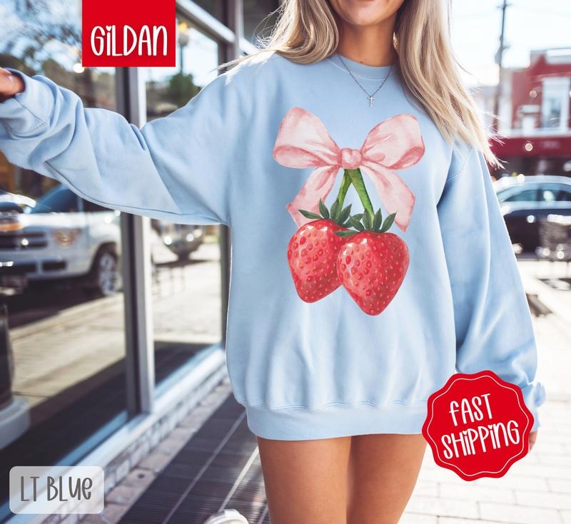 Coquette Strawberry Sweatshirt, Cute Berry Bow Crewneck, Trendy Women's Sweater, Gift for Her T-Shirts, Hoodie