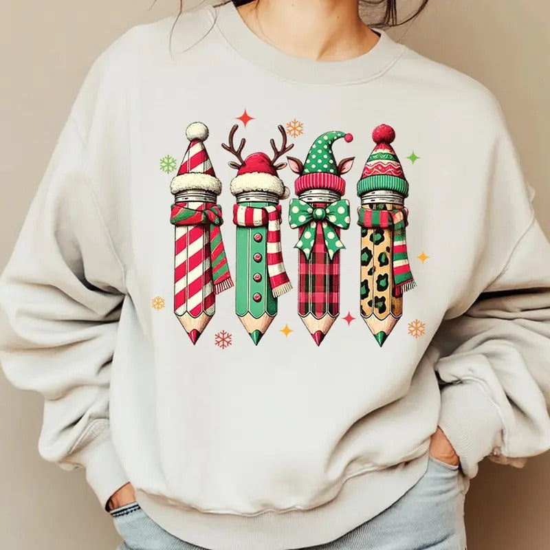 Coquette Teacher Christmas Shirt, Pencil Christmas Sweatshirt, Coquette Christmas Shirt, Merry Teacher, Teacher...