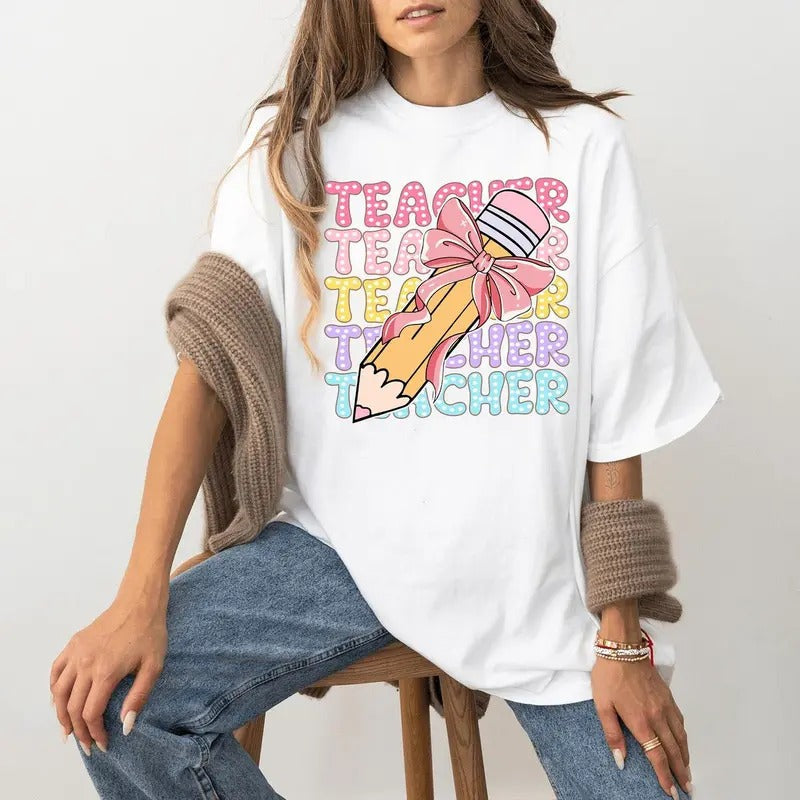 Coquette Teacher Shirt, Pencil Coquette Bow Shirt, Teacher T-shirt, Dalmatian Dots Teacher Tee, Bright Doodle School...