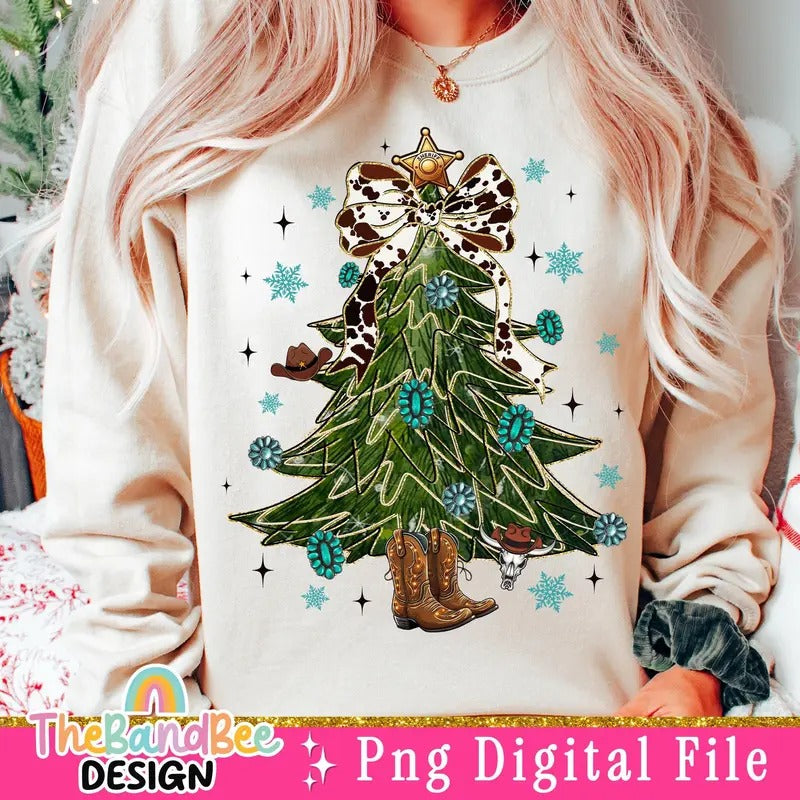 Coquette Turquoise Christmas Tree Shirt, Western Christmas Shirt, Gemstone Shirt, Christmas Tree Shirt, Cowhide, Western...