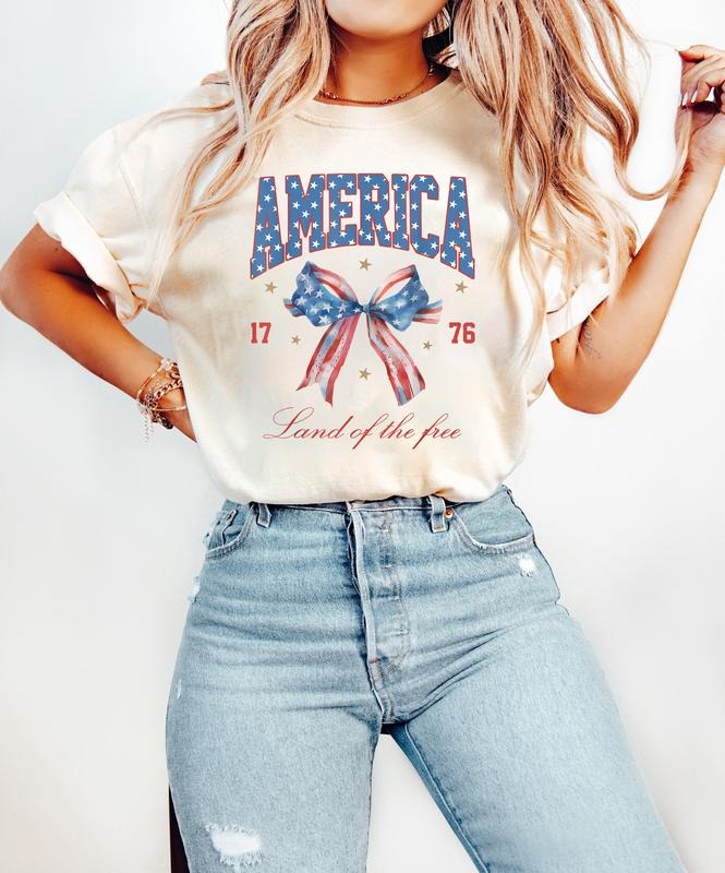 Coquette USA Bow Shirt, Summer BBQ Shirt, American Land of The Free, Red White and Blue, Womens Fourth Of July Shirt, USA...