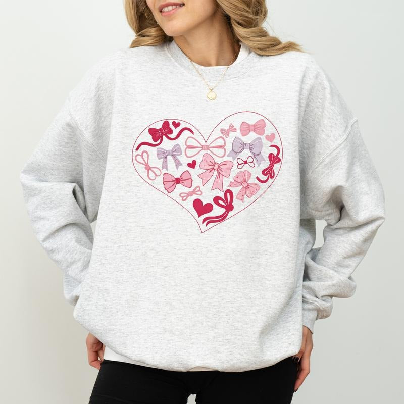 Coquette Valentine Heart Sweatshirt, Valentine Bows Crewneck, Coquette Bows Long Sleeved Pullover, Valentine's Day Gift...