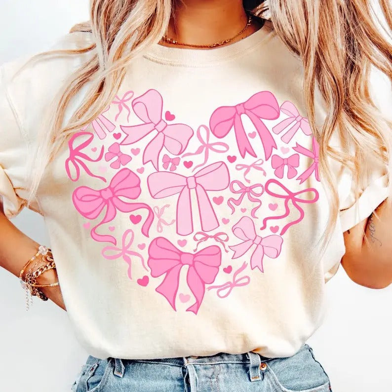 Coquette Valentine Heart Tshirt, Valentines day Shirt, Valentine Bow Tee Top Womenswear Streetwear Summer Casual Hoodie,...