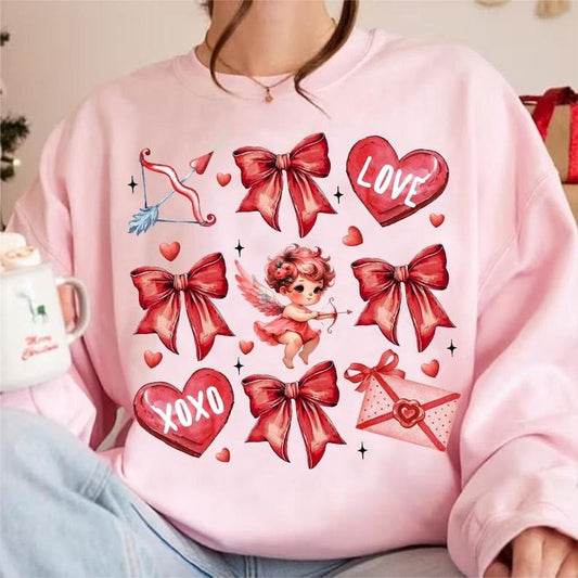 Coquette Valentines Day Sweatshirt Valentine Bow , Valentine Heart Coquette Bow , Valentine Cupid  , XOXO , Retro Valentinestyle{n002}3