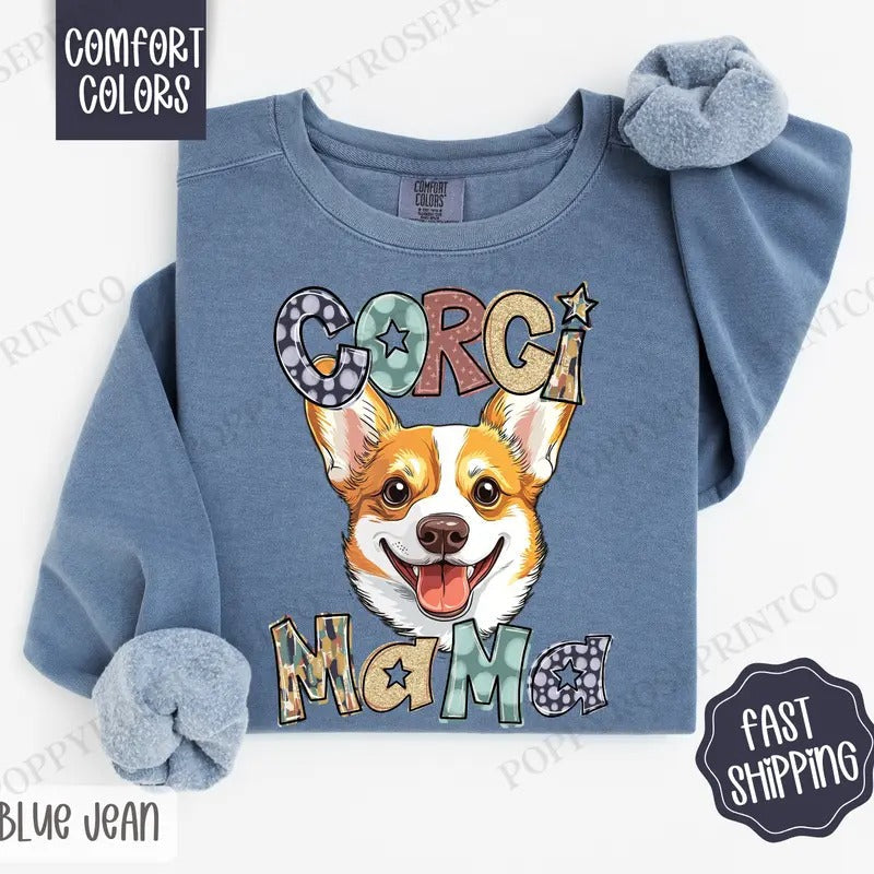 Corgi Mama Comfort Colors Sweatshirt, Mama Women's Crewneck, Cute Dog Mom Women's Sweater T-Shirts, Hoodie | PureTeeCo.com