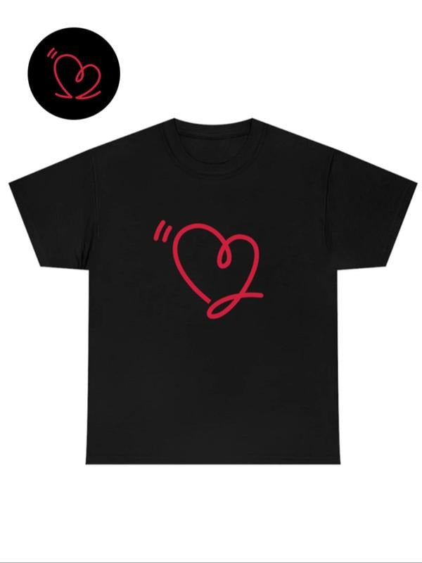 Couple's Heart Print Drop Shoulder Tee, Short Sleeve T-Shirt for Daily Outdoor Wear, Casual Summer Clothes for Couples...