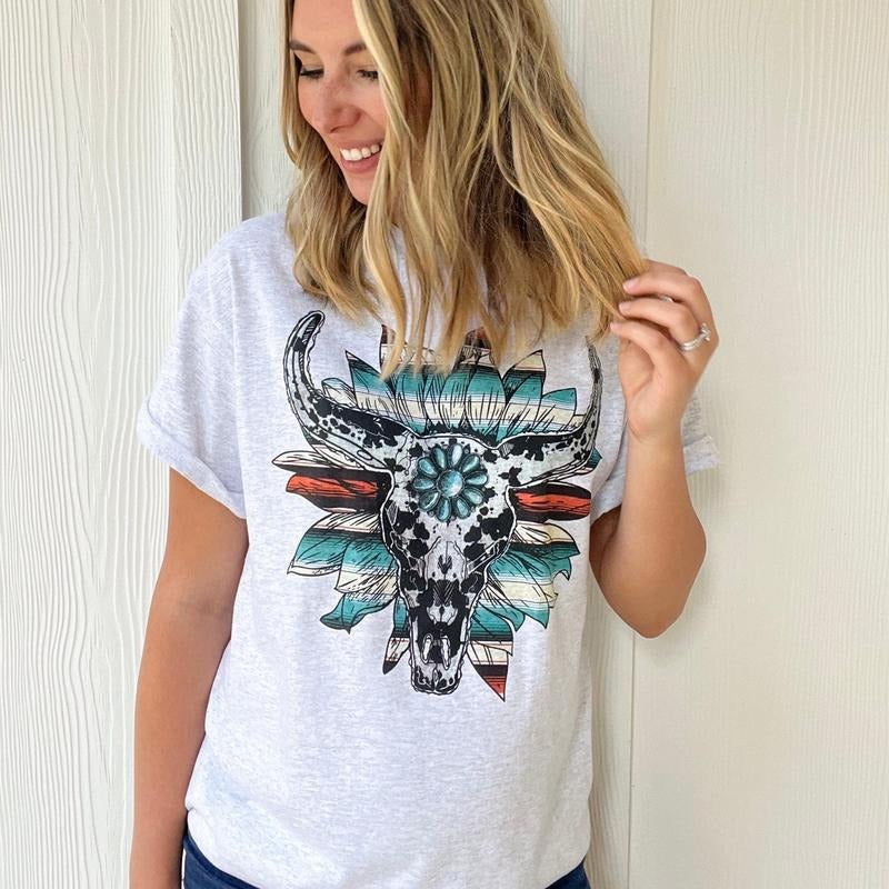 Cow Print Serape Turquoise Bullskull Flower Graphic Tee Hoodie, Sweatshirt | PureTeeCo.com
