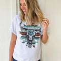 Cow Print Serape Turquoise Bullskull Flower Graphic Tee Hoodie, Sweatshirt | PureTeeCo.com