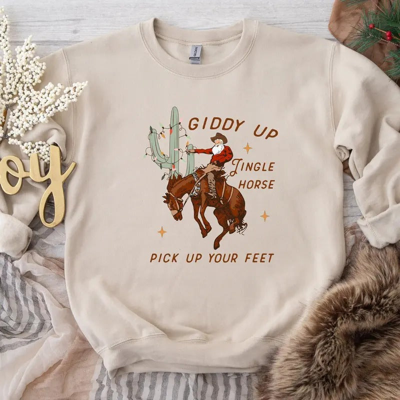 Cowboy Christmas Sweater, Giddy Up Jingle Horse Pick Up Your Feet, Howdy Country Christmas Horse, Cowgirl Shirt,...
