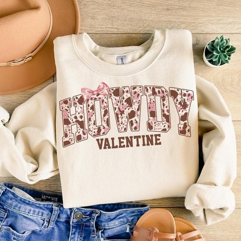 Cowgirl Valentine Crewneck | Retro Highland Cow Sweatshirt | Western Love Design T-Shirts, Hoodie | PureTeeCo.com