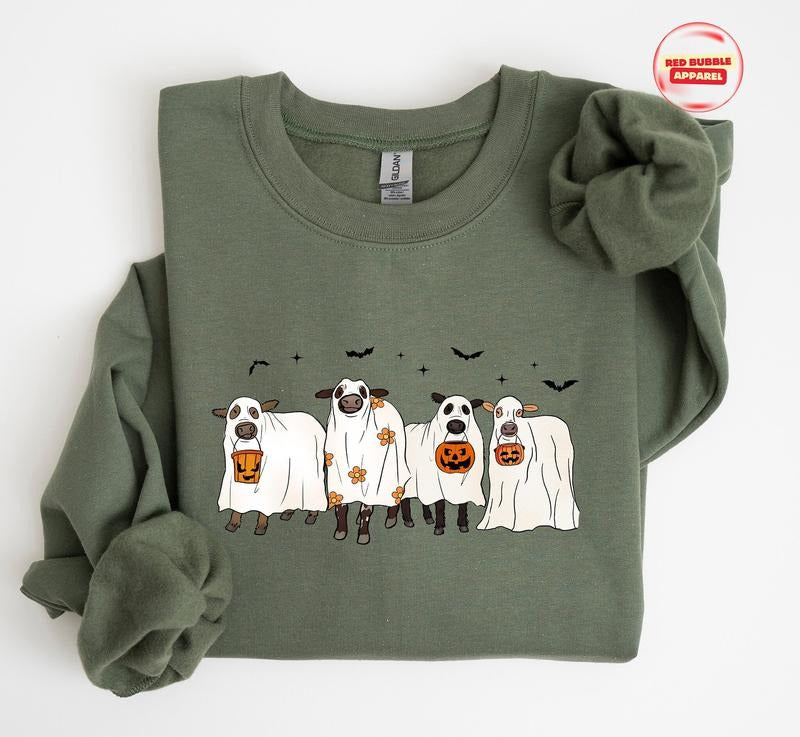 Cows Halloween Sweatshirt Halloween Ghost Cows Sweatshirt Spooky Cows Halloween Gifts Cow Lovers Halloween Gift  T-shirt,...