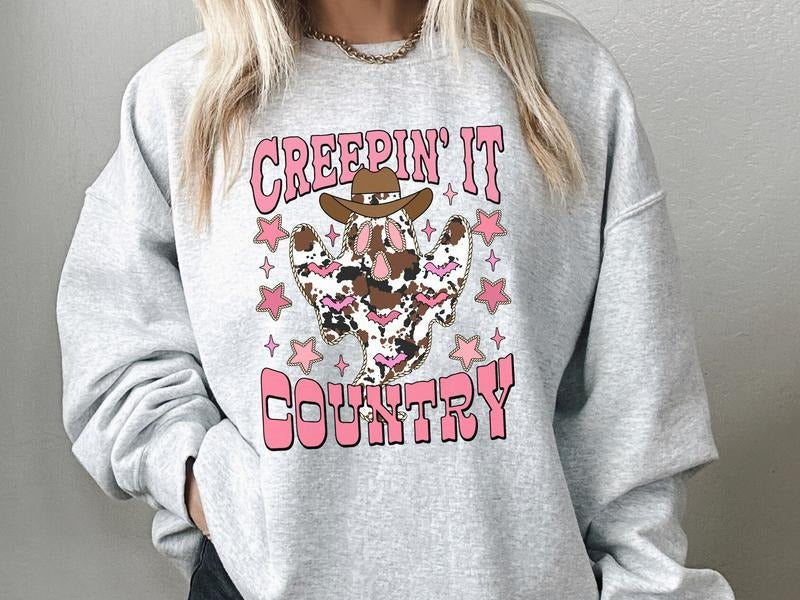 Creepin It Country Leopard Ghost Sweatshirt in Ash, Halloween Sweatshirt in Western Style T-Shirts, Hoodie | PureTeeCo.com