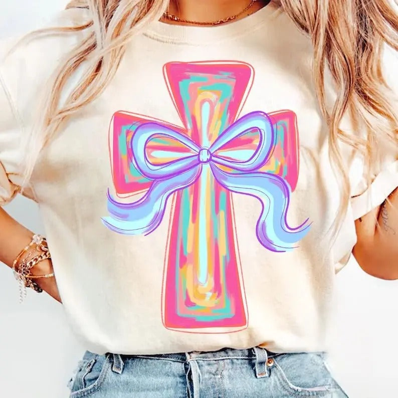 Cross Easter Pink Brushstroke Tshirt, He Is Risen Shirt, Cross Coquette Bow Tee, Pink Bunny, Girls, Preppy Easter T-Shirt...