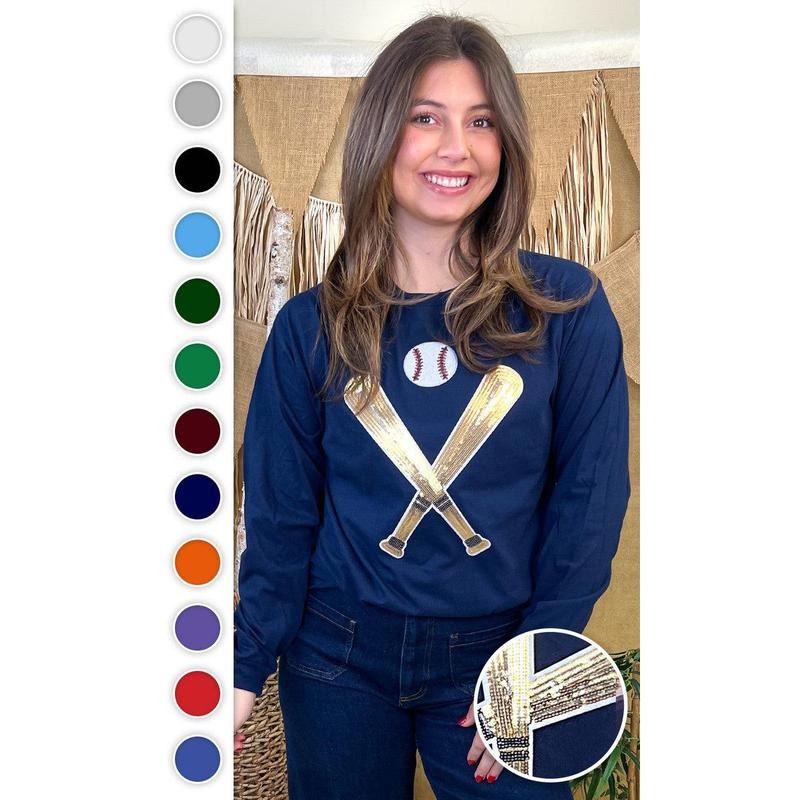 Crossed Bats Sequin Baseball Graphic  Long Sleeve T-Shirt Hoodie, Sweatshirt | PureTeeCo.com