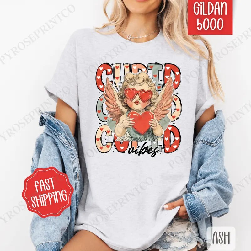 Cupid Vibes Shirt Gildan, Valentine's Day Women's Tee, Holiday Women's Tshirt Plus Sizes Hoodie, Sweatshirt | PureTeeCo.com