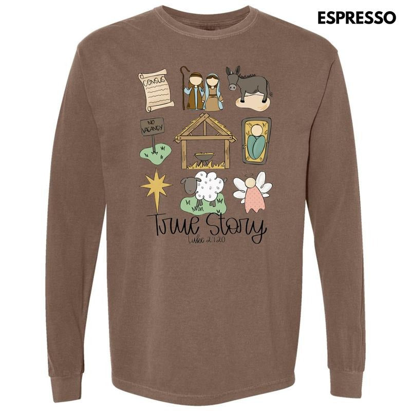 Cursive True Story Nativity Collage Long Sleeve Comfort Colors T-Shirt Hoodie, Sweatshirt | PureTeeCo.com