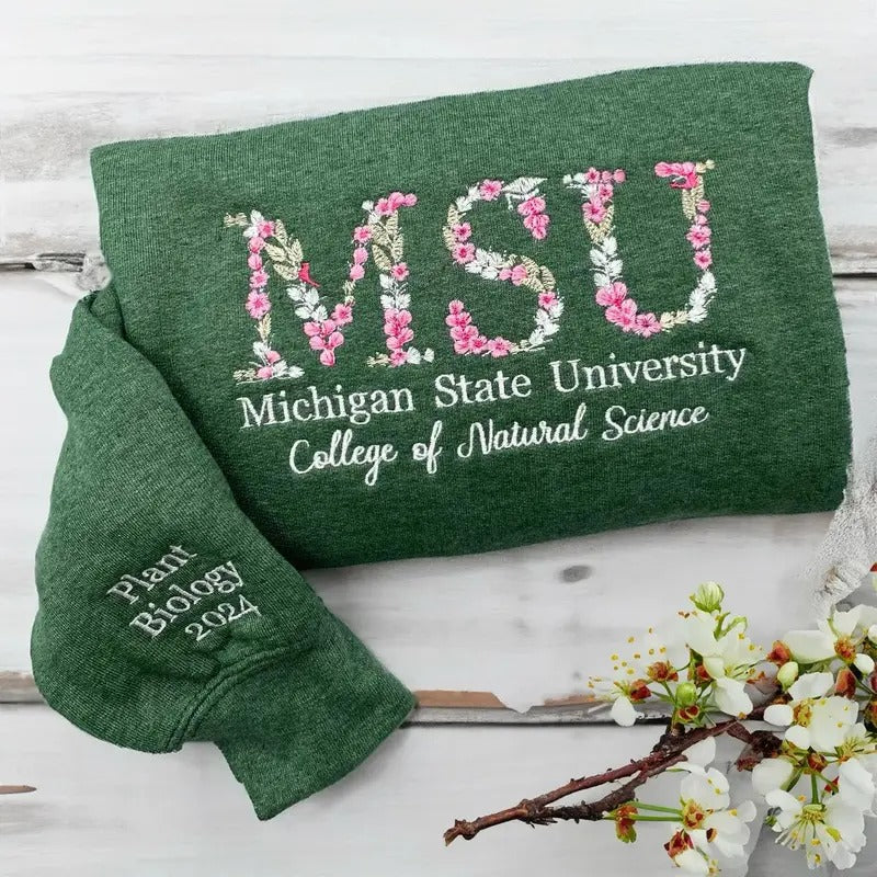 Custom College Embroidered Sweatshirt, Floral Letter Embroidered Shirt, College University High School Crewneck,...