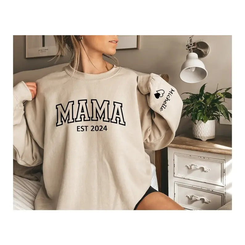 Custom Mama Sweatshirt with Date and Children Name on Sleeve Sweatshirt, Hoodie, T-Shirtstyle{n002}2 T-Shirts | PureTeeCo.com
