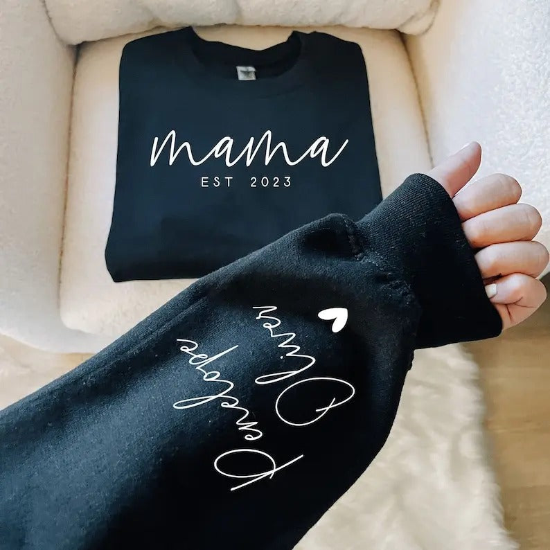 Custom Mama Sweatshirt with Date and Children Name on Sleeve, Mama Sweatshirt, Minimalist Mama, Gift for Mom Hoodie and...