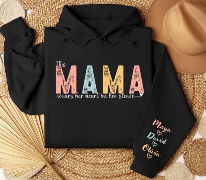 Custom Mama Sweatshirt, This Mama Wears Her Heart on Her Sleeve Custom Sweatshirt, Personalized Mama Crewneck Pullover...