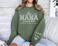 Custom Nana Sweatshirt, With Kids Name On Sleeve, Nana Sweater,Custom Grandma Gift,Nana Gift,This Nana Wears Her Heart On...