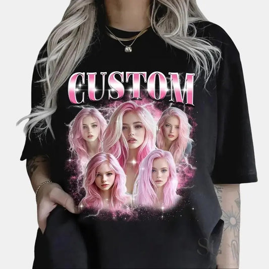 Custom Photo Bootleg Girlfriend 6 Face Valentine T-Shirt for Couples - Personalized Tee with Face on It - Cotton, Fabric