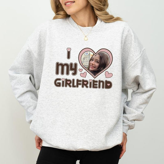 Custom Photo I Love My Boyfriend Sweatshirt, I Love My Girlfriend Crewneck, I Heart My Wife Pullover, Valentine's Day Gifts for Him, Soft Cotton Tops