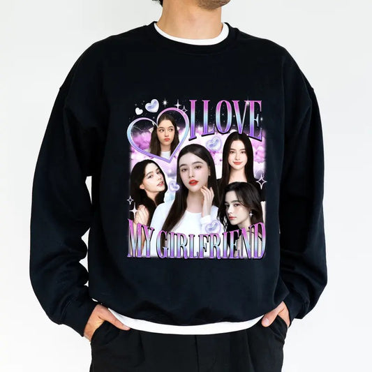 Custom Photo I Love My Girlfriend Sweatshirt for Boyfriend, Retro Bootleg Rap Tops, I Love My Gf Sweater, Valentine's Day Gifts for Him, Cotton Fabric