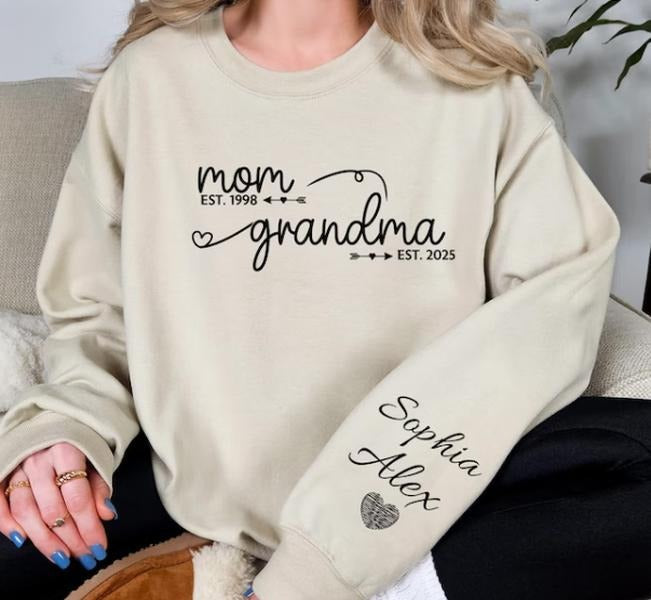 Custom This Mama Wears Her Heart On Her Sleeve Sweatshirt,Personalized Mama Hoodie With Kids Names,Gift For Mom,Mothers...