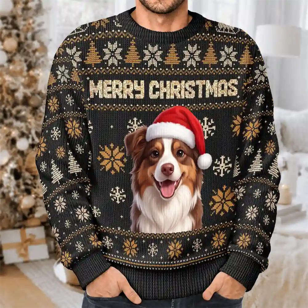 Custom Photo 3D Christmas Themed Pet Feliz Navidog Snowflake Pattern - Personalized Unisex Ugly Sweater