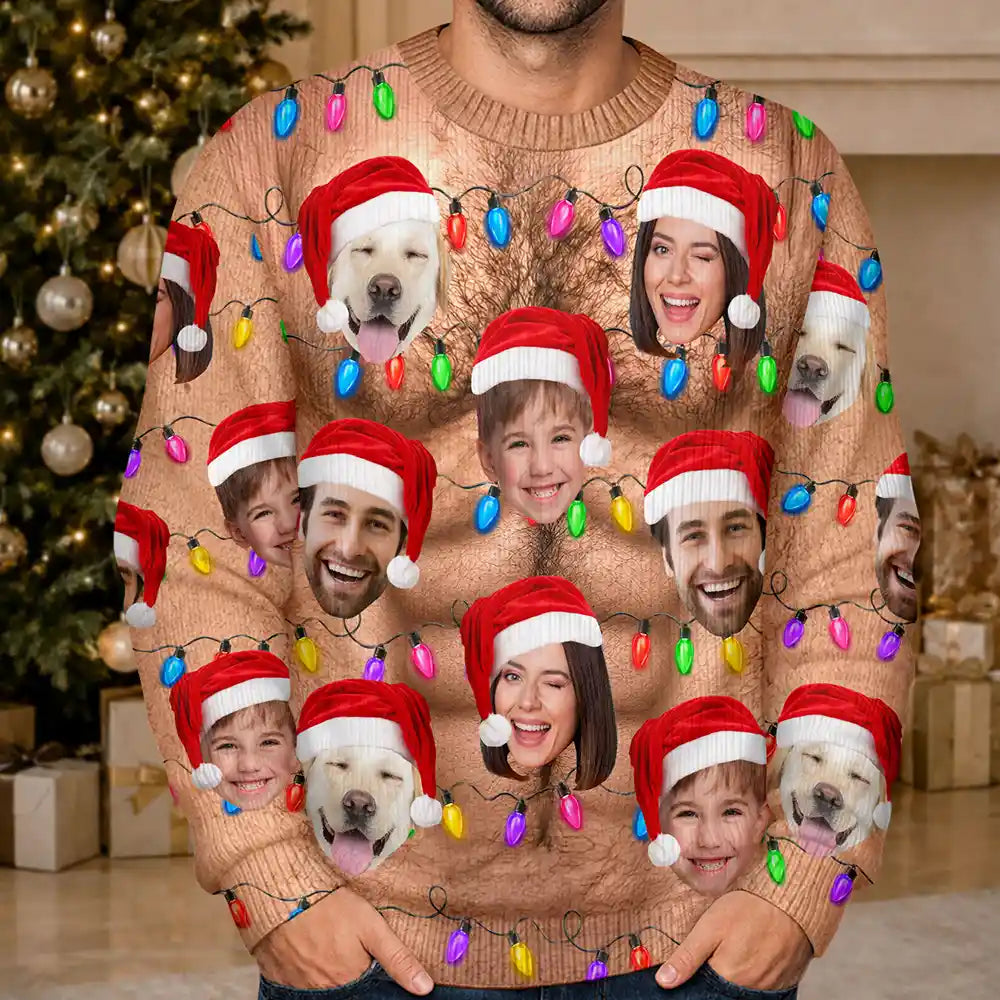Custom Photo Funny Hairy Muscle Body Family Face Cut - Personalized Unisex Ugly Sweater