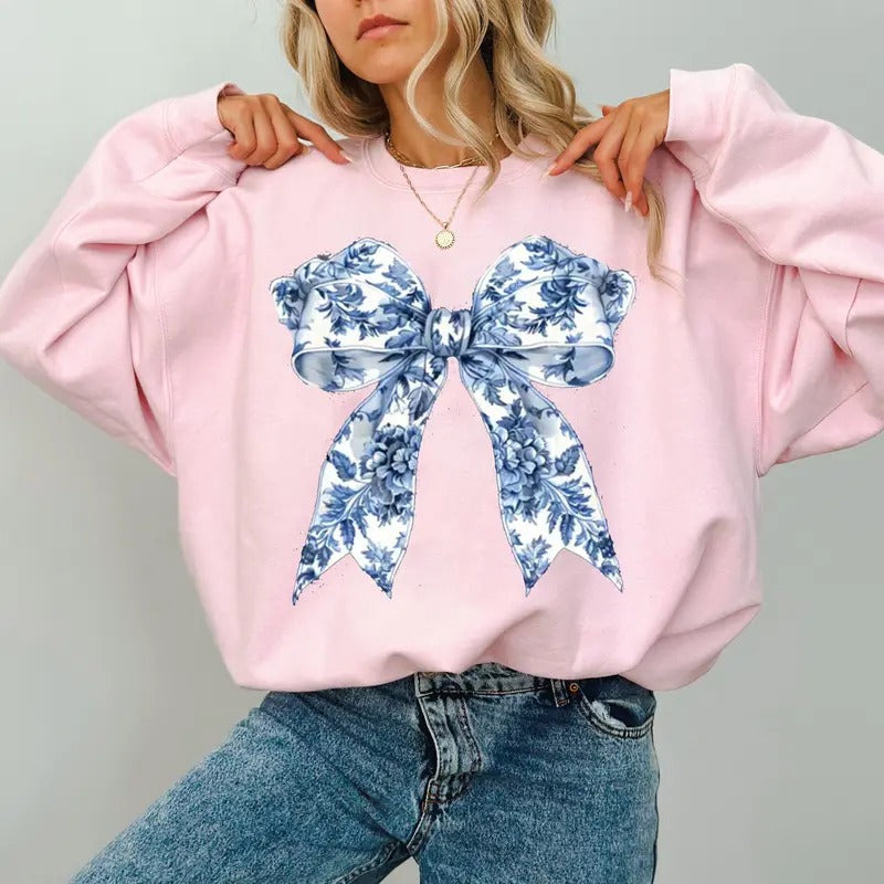 Cute Blue Toile Bow Trendy Sweatshirt, Cute Coquette Bow Sweater, Cute Bow Shirt, Cute Women Gift, Blue Ribbon Sweater,...