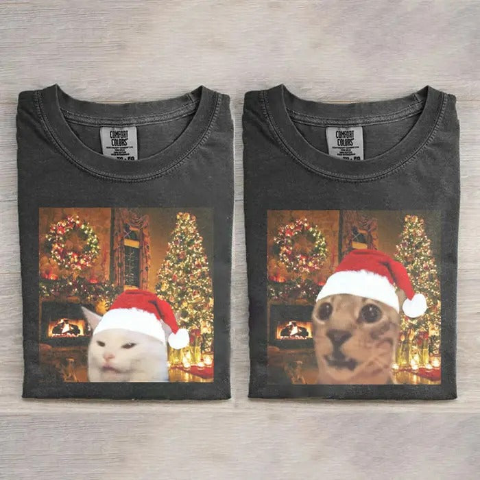 Cute Christmas Cat meme T-shirt, Vintage Funny Cat Expression Graphic Tee, Cute Kitty Meme Unisex Retro Top,Fun Pet Humor...
