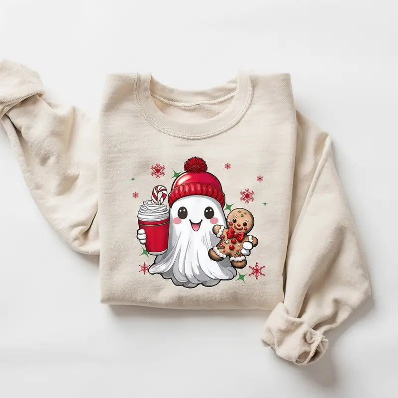 Cute Christmas Ghost Sweatshirt, Ghost Iced Coffee Sweatshirt, Retro Christmas Shirt, Christmas Coffee, Holiday Ghost...