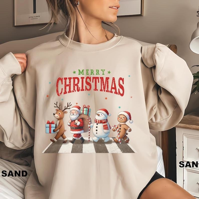 Cute Christmas Reindeer Santa Snowman Sweatshirt, Merry Christmas Sweatshirt ,Reindeer and Santa Walking Cute Holiday...