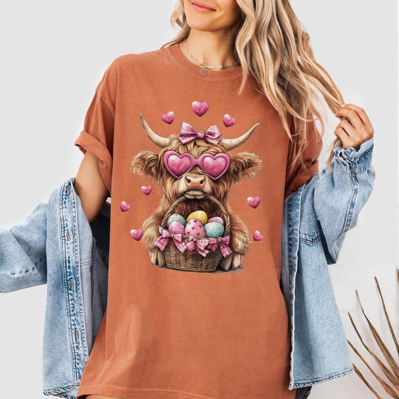 Cute Easter Highland Cow Shirt, Bunny Egg Basket Tee, Heart Glasses Cow Sweatshirt for Women, Spring Farm Animal Graphic...