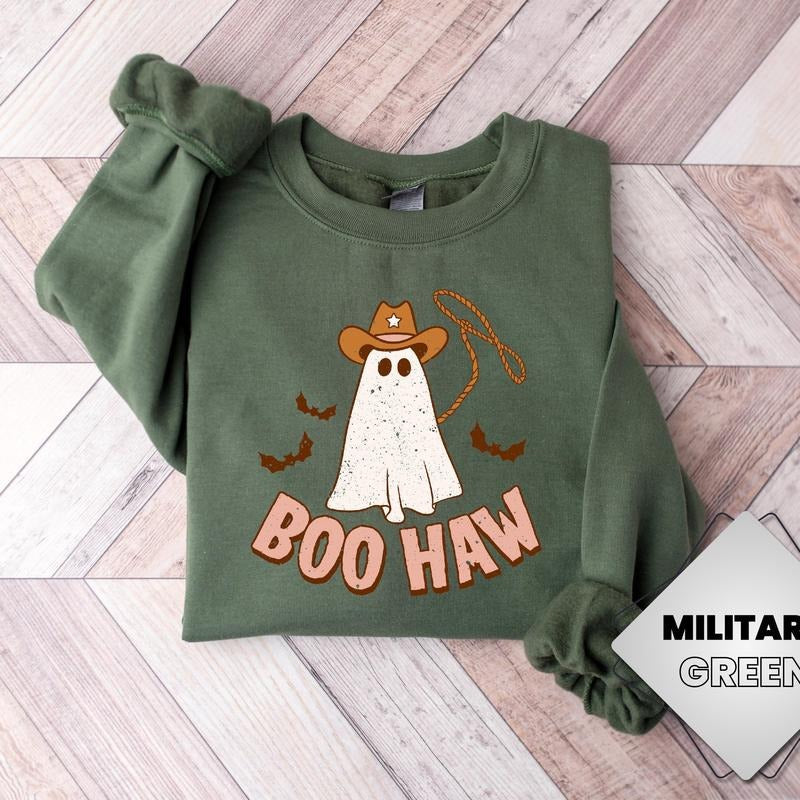 Cute Ghost Halloween Sweatshirt, Boo Haw Western Halloween Shirt, Retro Halloween Shirt, Country Cowgirl Halloween Shirt,...