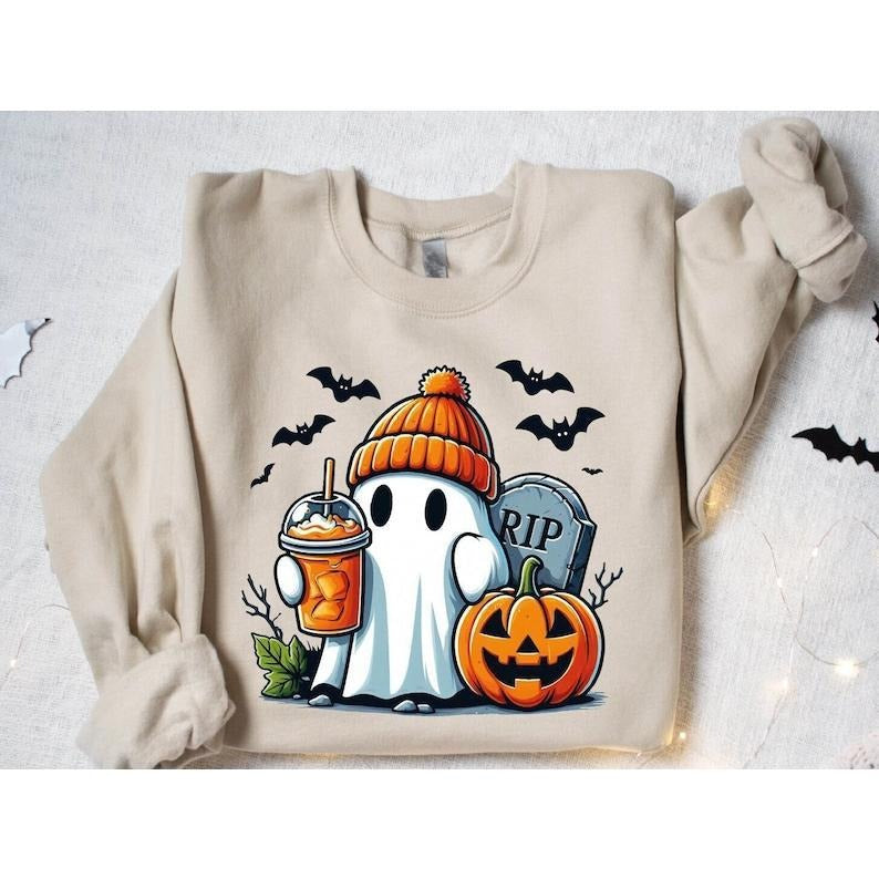 Cute Ghost Pumpkin Coffee Sweatshirt, Ice Ghost Pumpkin Spice Latte Shirt, Womens Halloween Shirt, Spooky Season , Fall...