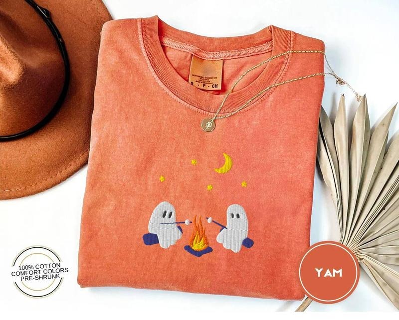 Cute Ghosts Camping Embroidered Shirt, Spooky Season Outdoors Shirt, Halloween Vintage Embroidery Tshirt, Summerween...