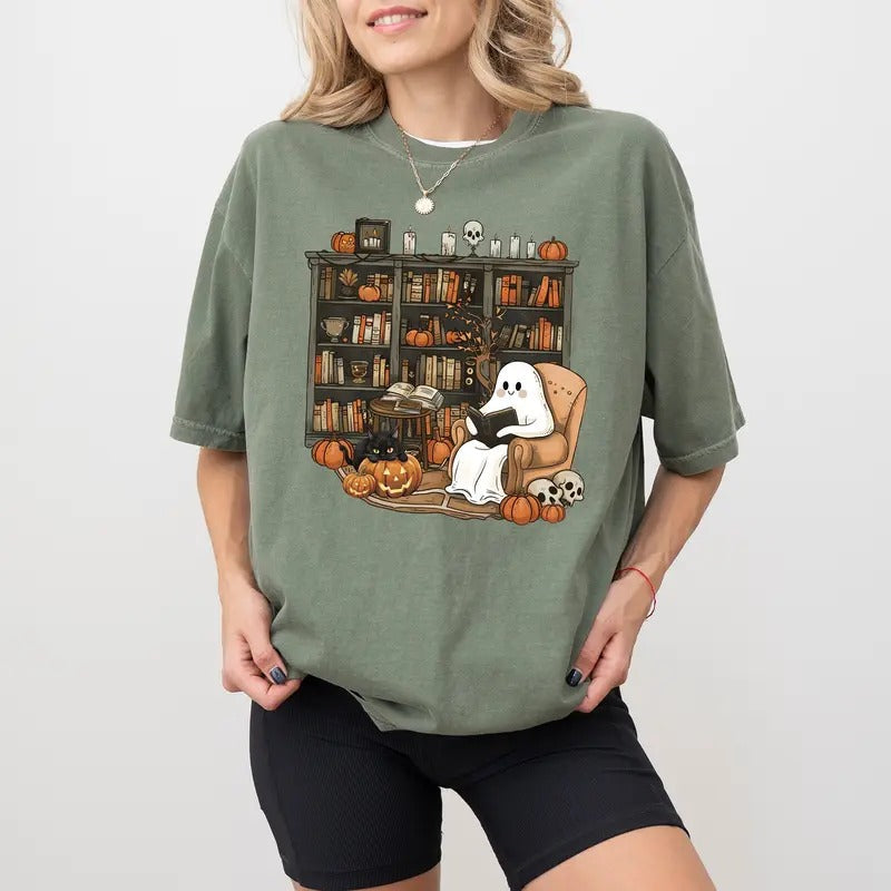 Cute Halloween Ghost Reading Book Shirt, Funny Boo Tee, Retro Ghost T-shirt, Book Lover Gift Shirt, Reading Tee for...