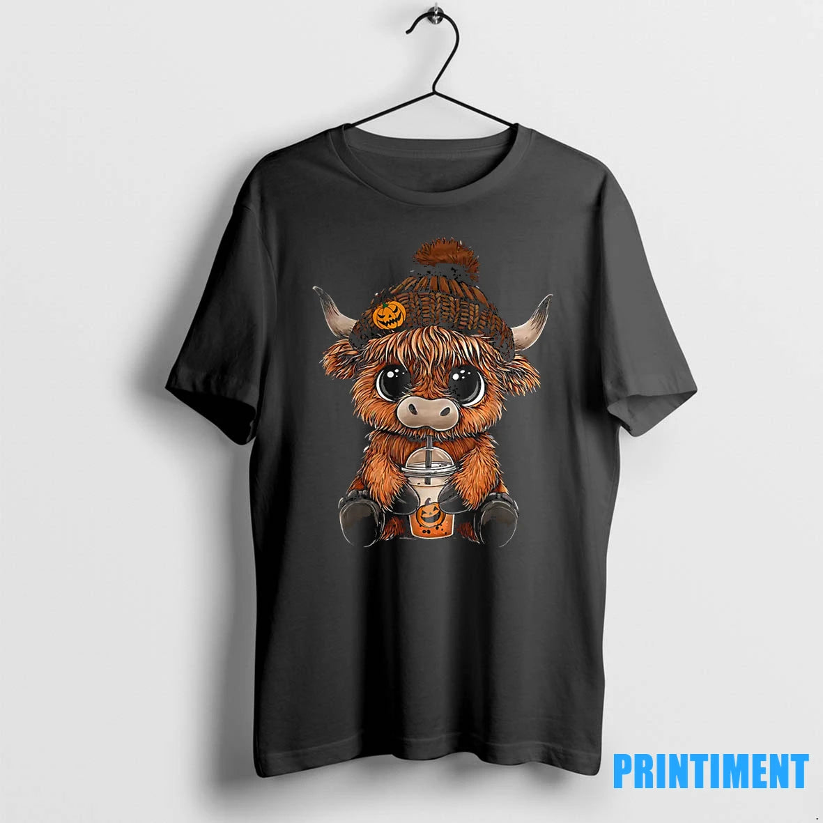 Cute Highland Cow Hat Pumpkin Drink Coffee Lover Halloween Tshirts Sweater